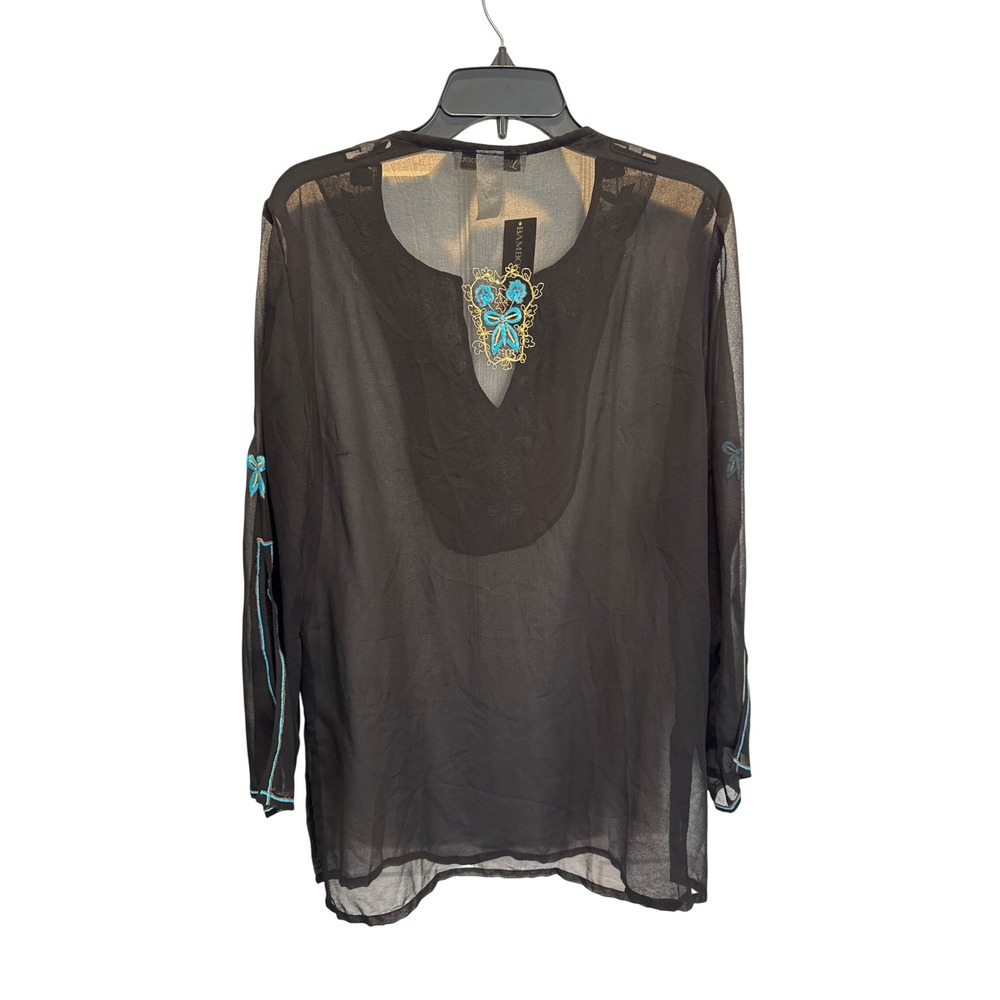 Bamboo Traders Womens Sheer Embroidered Tunic Top Black Turquoise Floral Large